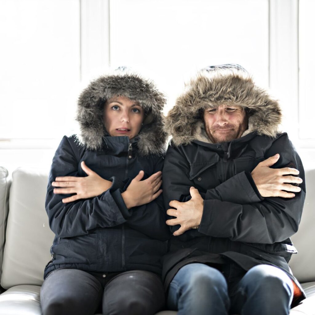 two people shivering in coats in their living room